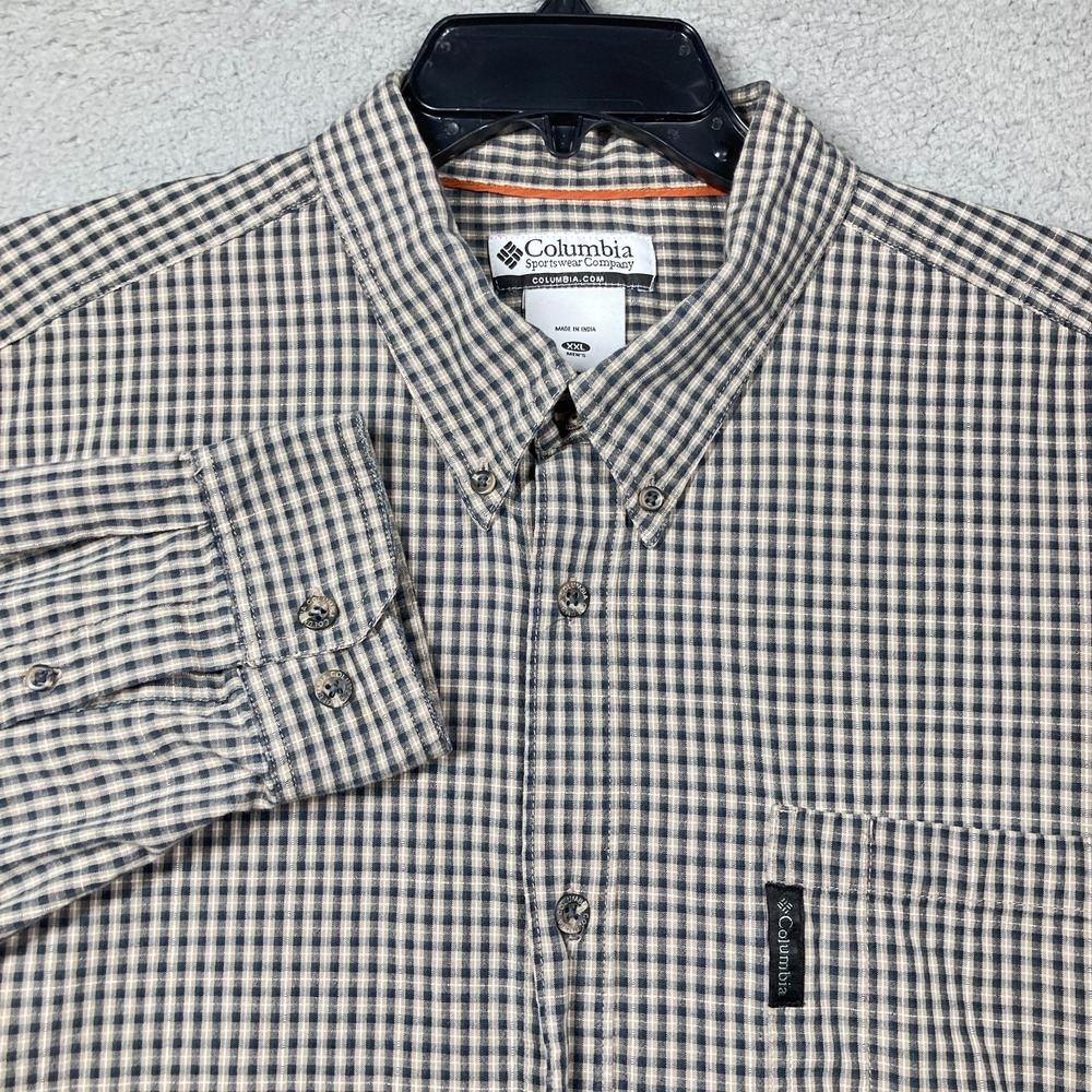 Columbia Shirt Mens XXL Black Beige Check Long Sleeve Cotton Casual Button Down